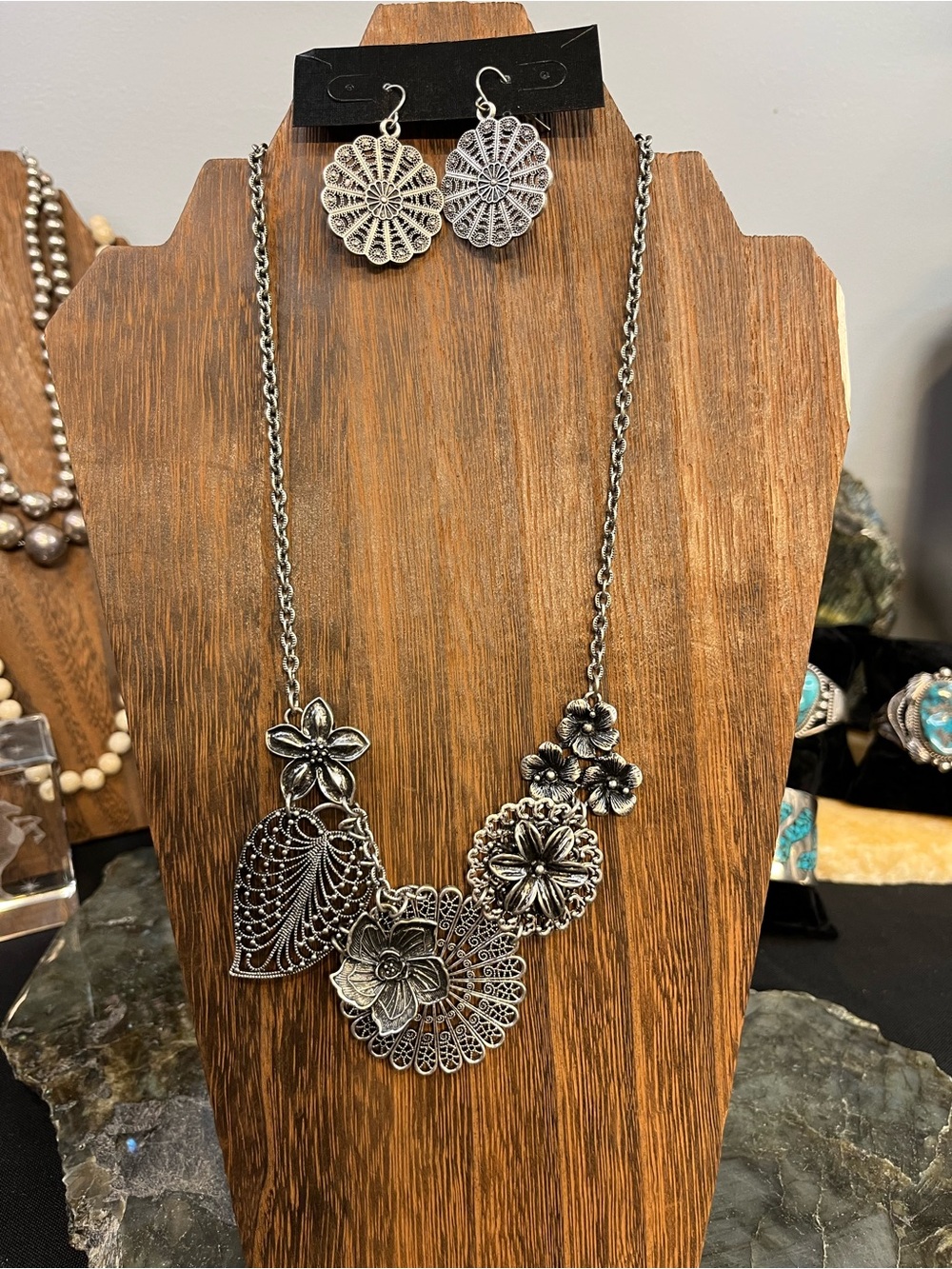 Vintage Silvertone Floral Statement Necklace and Earrings Set